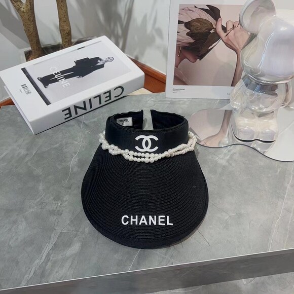 None Tops - Chanel Pearl Trim Black Straw Sun Visor